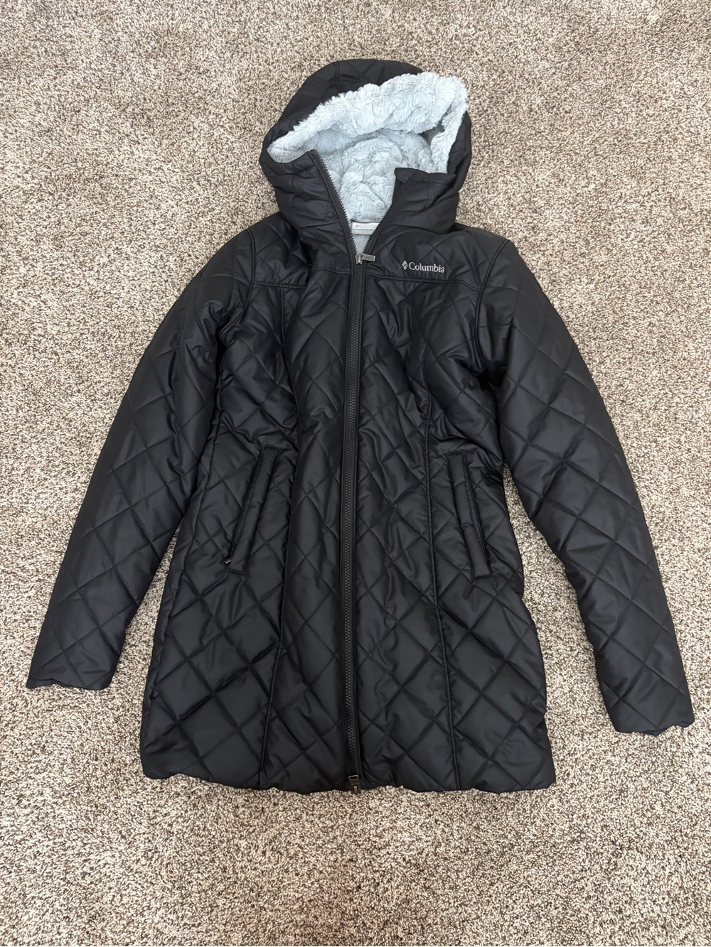 Columbia Women's Black Quilted Hooded Long Coat with Light Gray Fur Lining